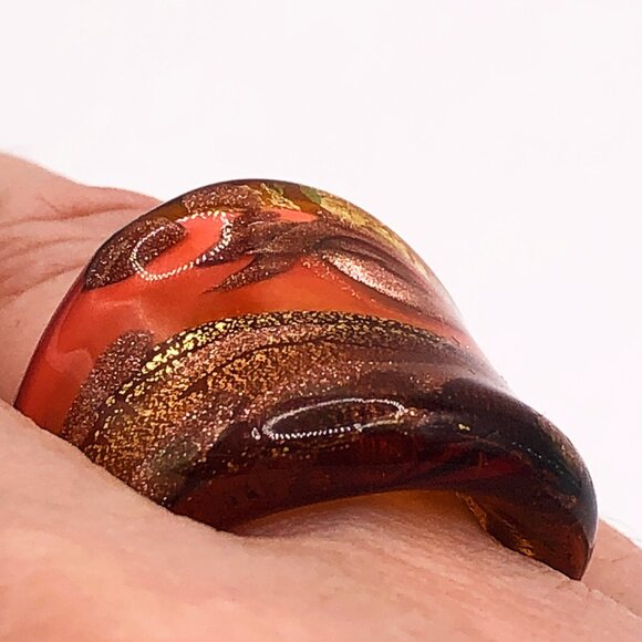 Handmade Art Glass Wide Band Statement Ring Orange Gold Size 8 or 7.5 - Picture 7 of 12